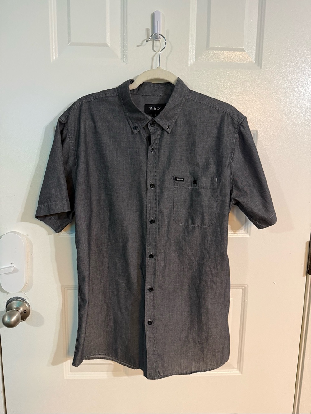 Brixton Men’s Large Gray Chambray Short Sleeve Button Down Shirt Cotton Blend